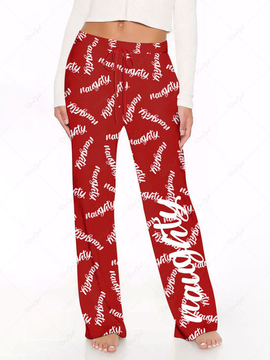 Plus Size Letters Printed Two Tone Drawstring Wide Leg Pants