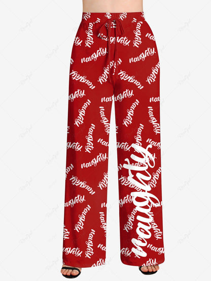 Plus Size Letters Printed Two Tone Drawstring Wide Leg Pants