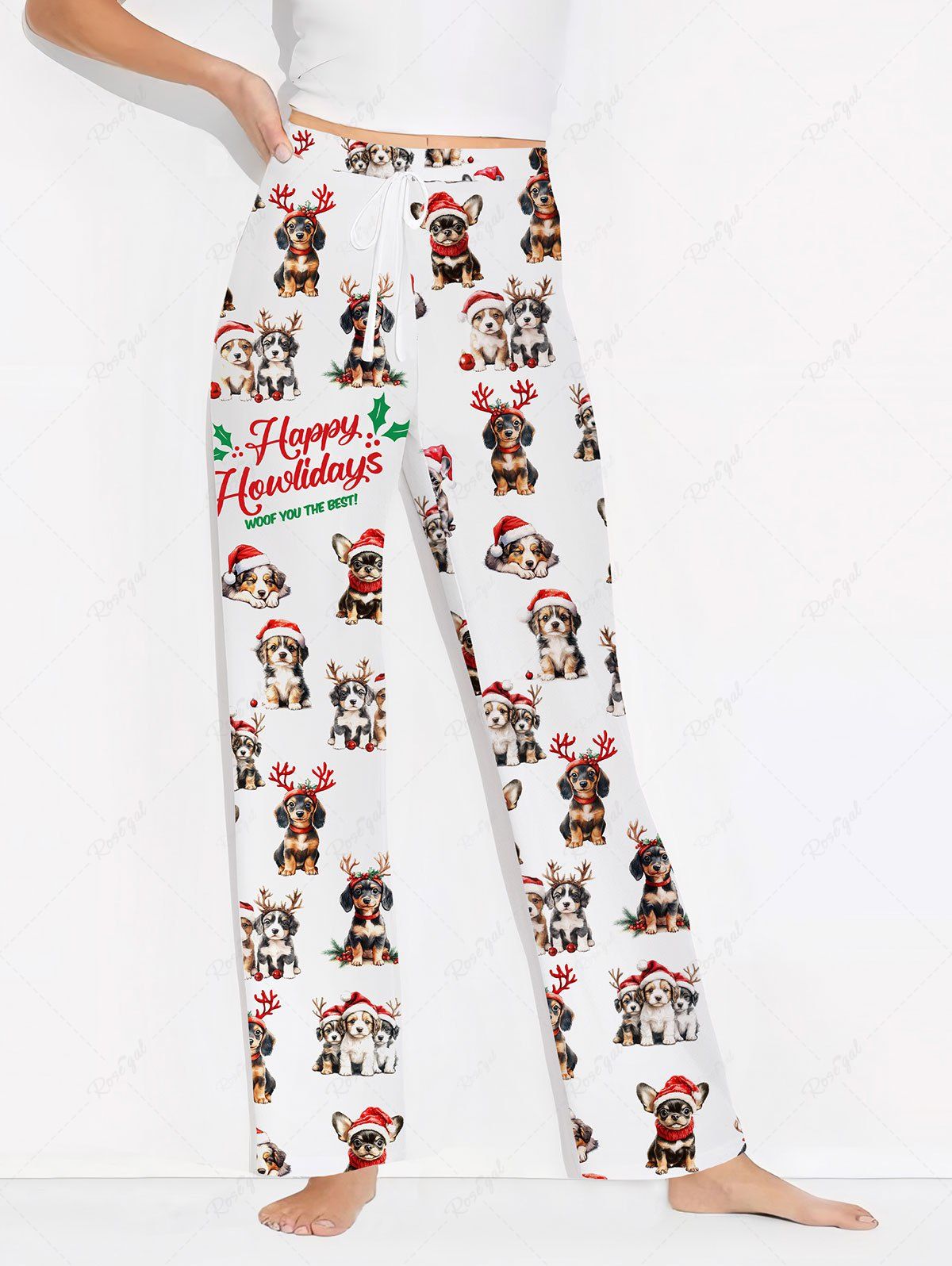 Plus Size Christmas Hat Elk Hairband Dogs Printed Drawstring Wide Leg Pants