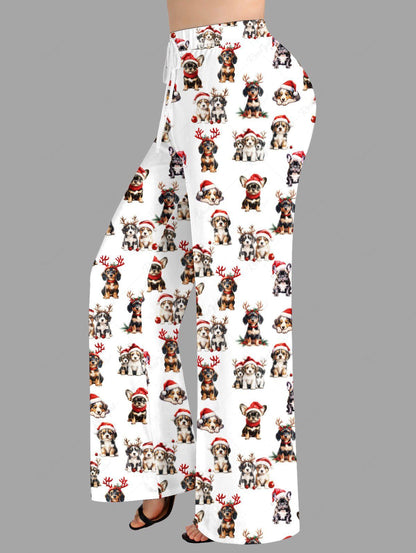 Plus Size Christmas Hat Elk Hairband Dogs Printed Drawstring Wide Leg Pants