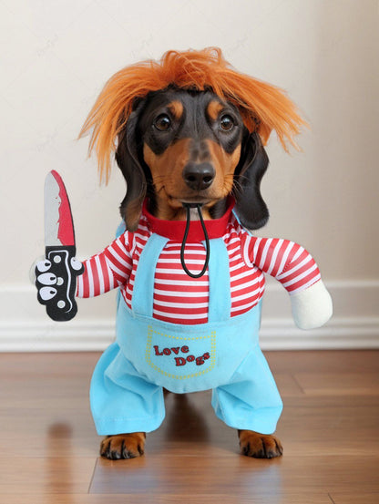 Pet's Stripe Printed Knife Killer Costume Coat With Wig