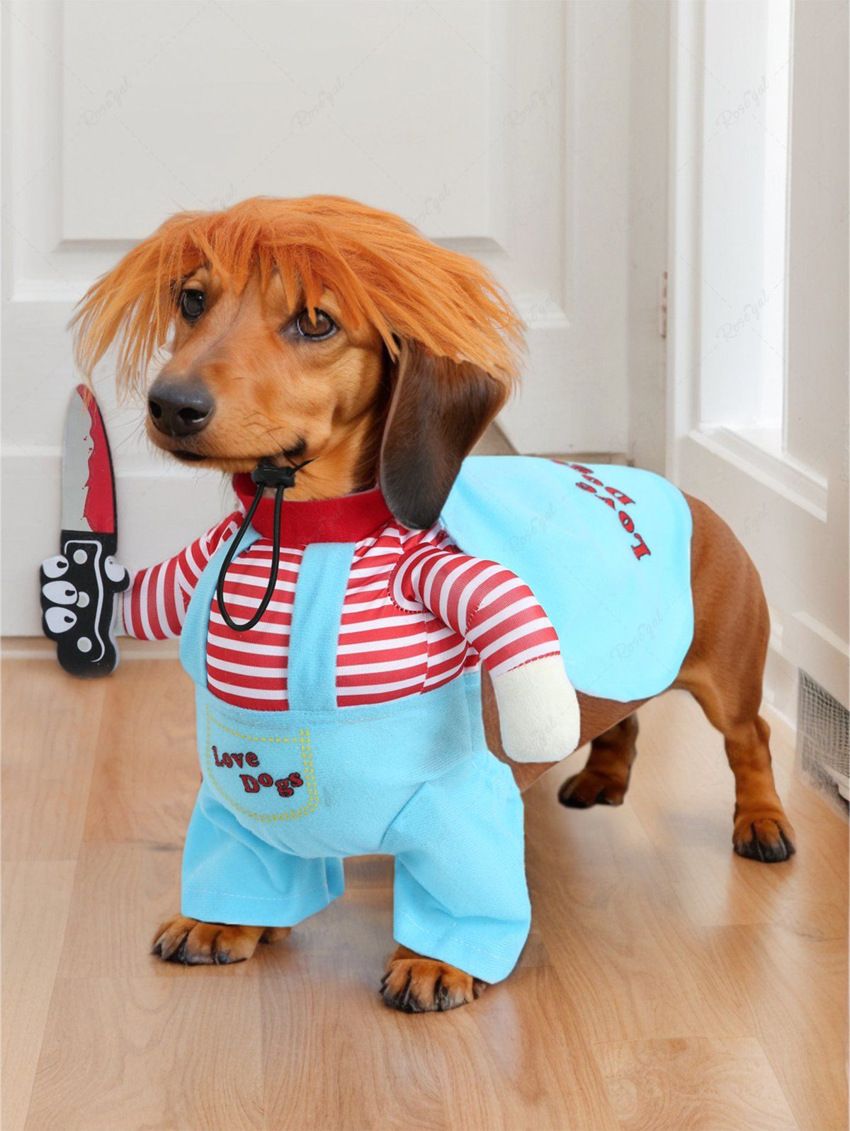 Pet's Stripe Printed Knife Killer Costume Coat With Wig