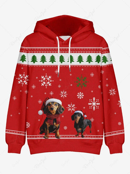 Plus Size Christmas Tree Snowflake Hat Dog Striped Printed Pocket Drawstring Pullover Long Sleeves Hoodie