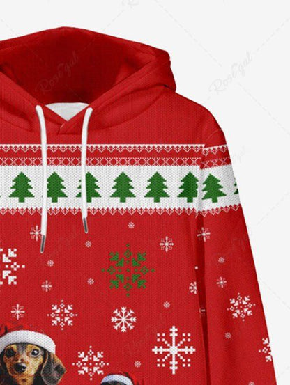 Plus Size Christmas Tree Snowflake Hat Dog Striped Printed Pocket Drawstring Pullover Long Sleeves Hoodie