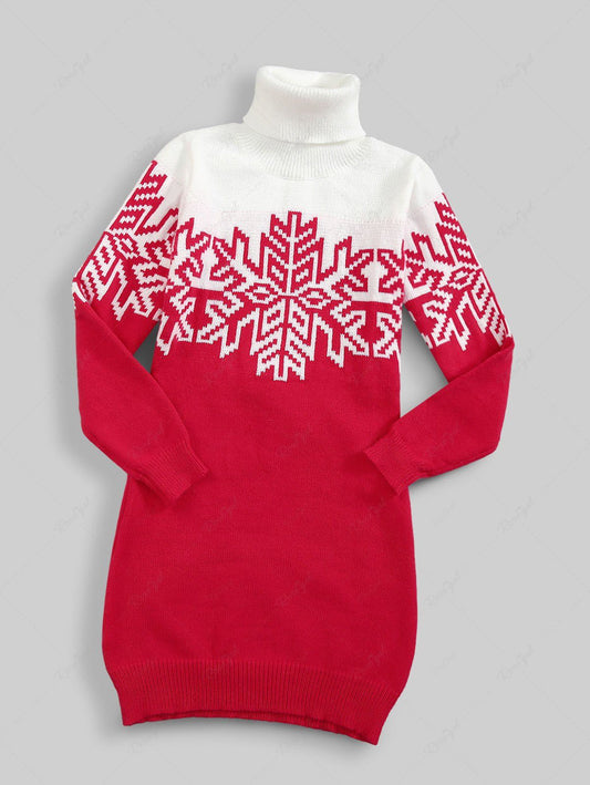 Christmas Snowflake Colorblock Printed Turtleneck Sweater