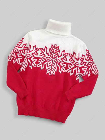 Christmas Snowflake Colorblock Printed Turtleneck Sweater For Men