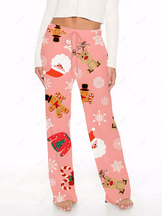 Plus Size Christmas Santa Claus Snowflake Elk Candy Gingerbread Printed Drawstring Wide Leg Pants