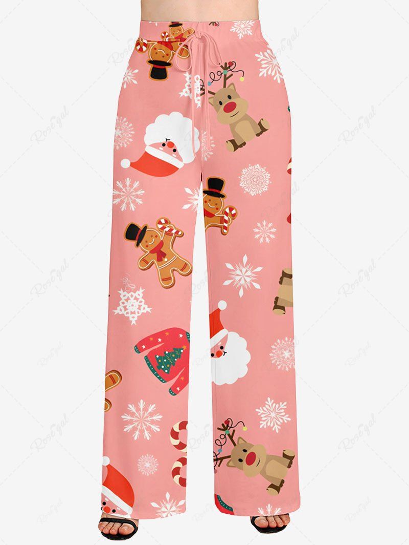 Plus Size Christmas Santa Claus Snowflake Elk Candy Gingerbread Printed Drawstring Wide Leg Pants