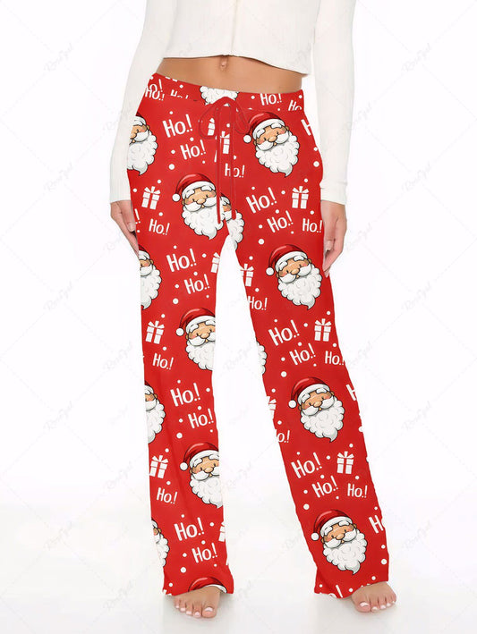 Plus Size Christmas Santa Claus Gift Box Printed Drawstring Wide Leg Pants