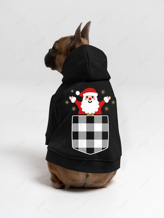 Pet's Christmas Hat Plaid Dog Stars Santa Claus Printed Button Hoodie