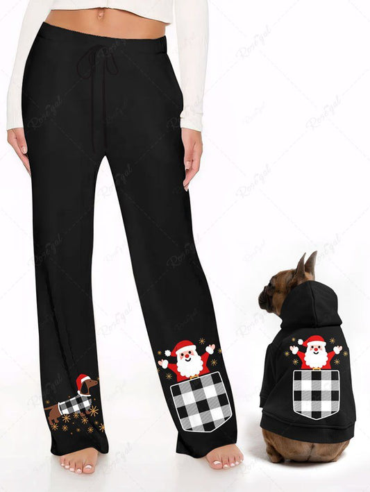 Christmas Hat Plaid Dog Stars Santa Claus Printed Hoodie and Pants Dog and Owner Matching Outfits