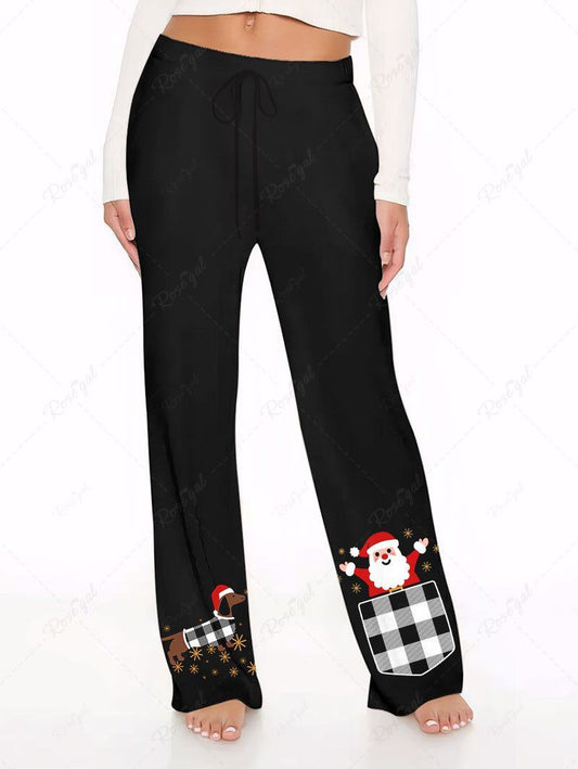 Plus Size Christmas Hat Plaid Dog Stars Santa Claus Printed Wide Leg Pants