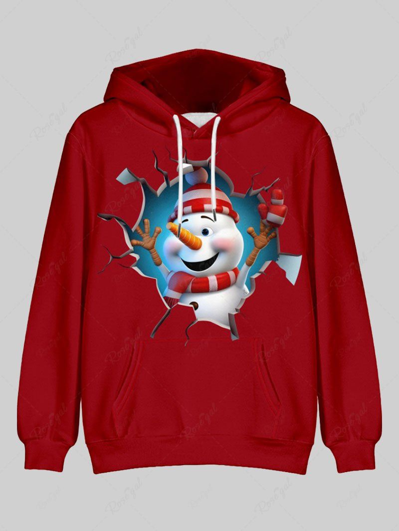 Plus Size Ripped Christmas Snowman Printed Pocket Drawstring Pullover Long Sleeves Hoodie