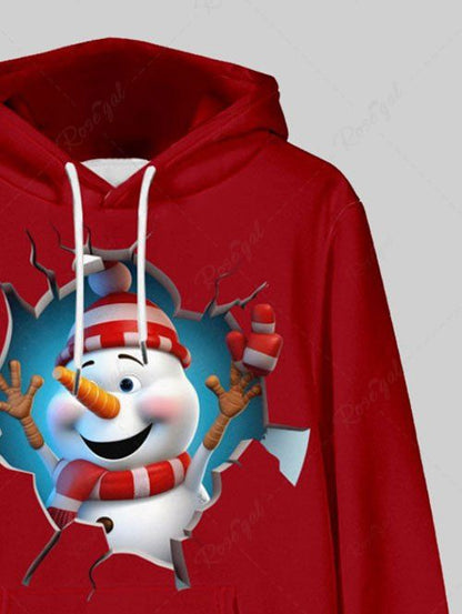 Plus Size Ripped Christmas Snowman Printed Pocket Drawstring Pullover Long Sleeves Hoodie