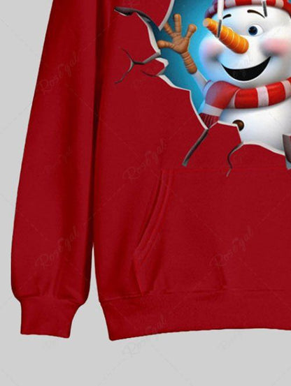 Plus Size Ripped Christmas Snowman Printed Pocket Drawstring Pullover Long Sleeves Hoodie