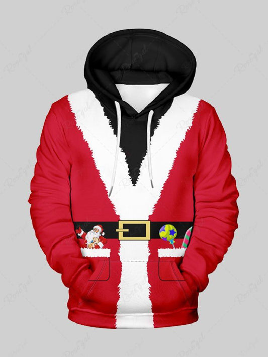 Plus Size Christmas Santa Claus Candy Bowknot Printed Drawstring Pocket Hoodie