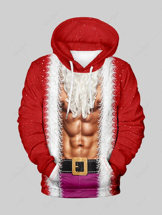 Christmas Santa Claus Fleece Trim Beard Abdominal Muscles 3D Printed Pocket Drawstring Hoodie For Men