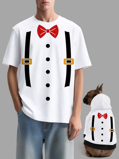 Suspender Button Bowknot Print T-shirt Hoodie Dog And Owner Matching Outfits