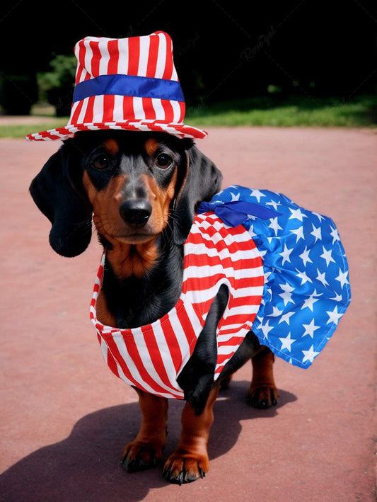 Pet's Independence Day Patriotic American Flag Striped Printed Dress with Toggle Hat Costume