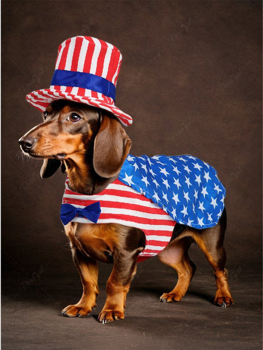 Pet's Patriotic American Flag Printed Bowknot Coat With Hat Costume