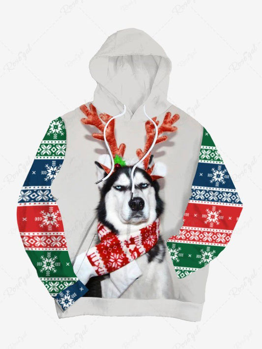 Plus Size Christmas Snowflake Colorblock Elk Dog Printed Drawstring Pocket Hoodie