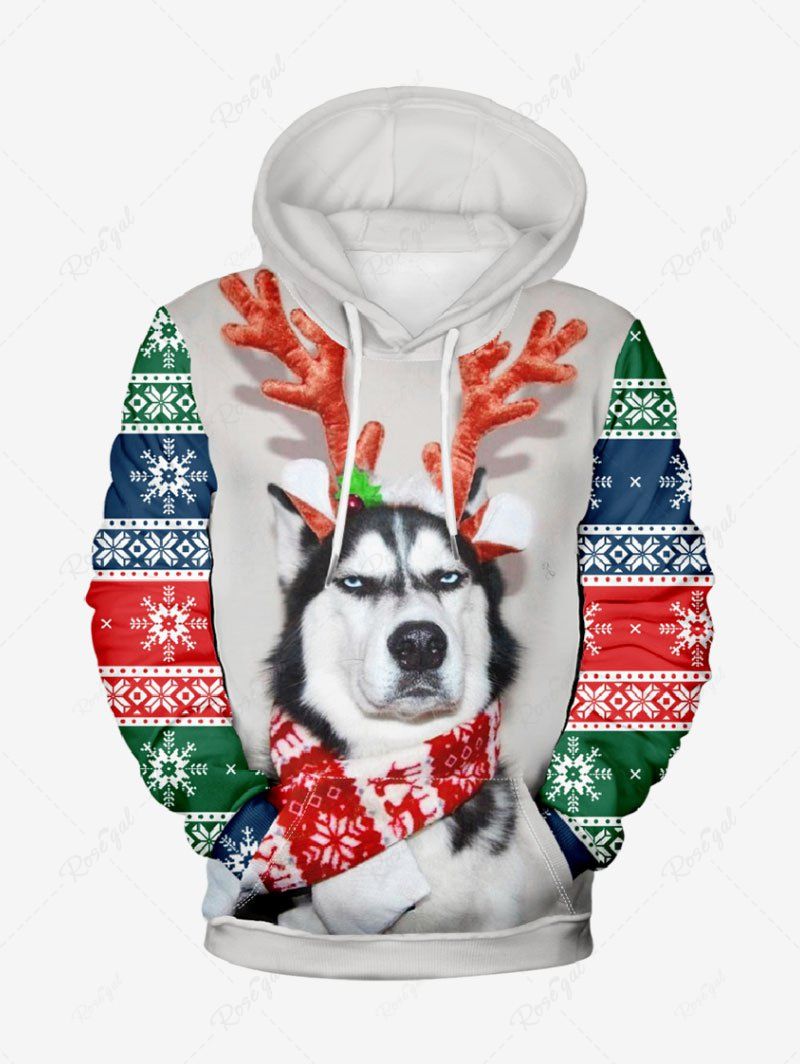 Plus Size Christmas Snowflake Colorblock Elk Dog Printed Drawstring Pocket Hoodie