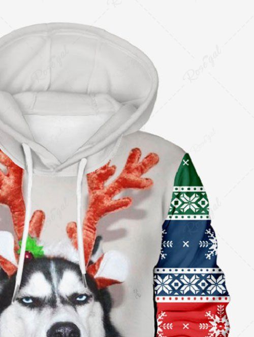 Plus Size Christmas Snowflake Colorblock Elk Dog Printed Drawstring Pocket Hoodie