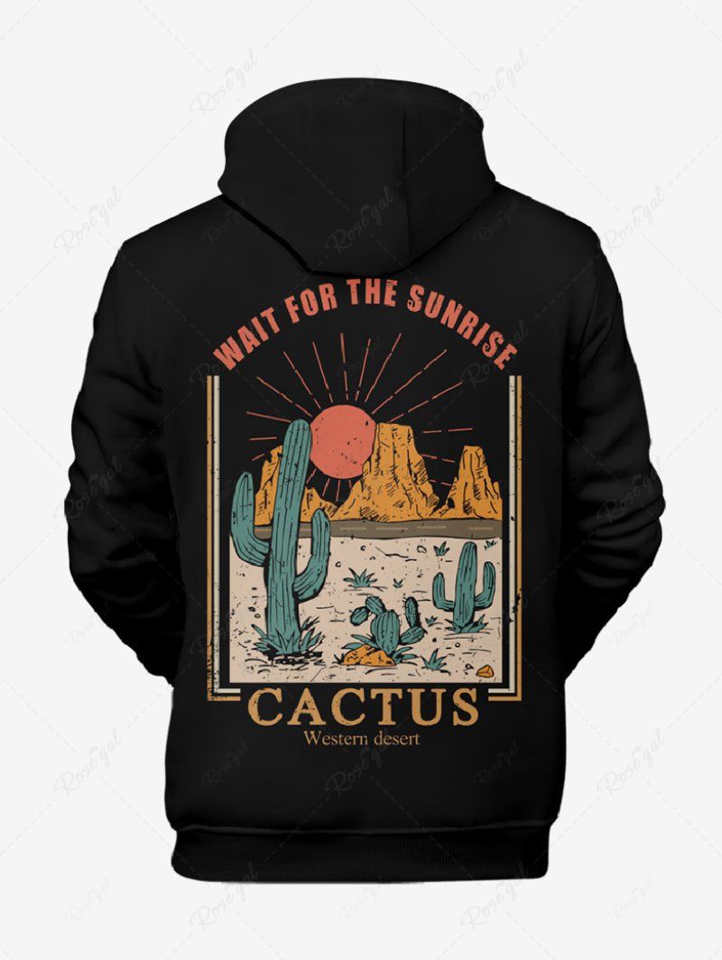 Plus Size Sunrise Mountain Cactus Letters Printed Pocket Drawstring Hoodie