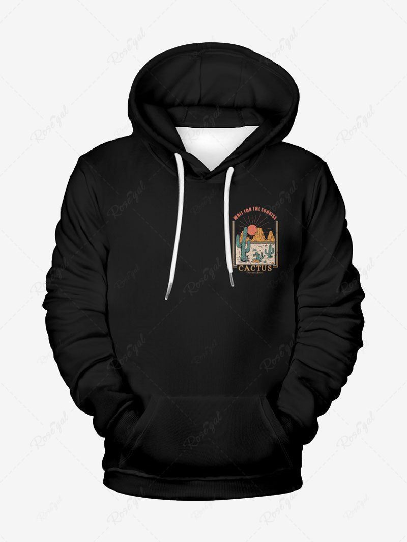 Plus Size Sunrise Mountain Cactus Letters Printed Pocket Drawstring Hoodie