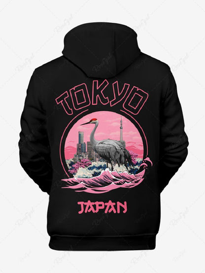 Plus Size Red-crowned Crane Tokyo Letters Printed Pocket Drawstring Hoodie