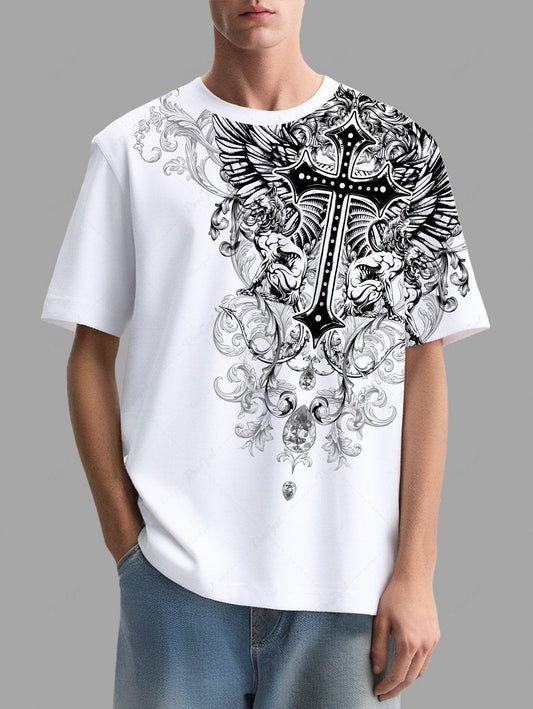 Plus Size Cross Floral Pattern Printed T-shirt For Men