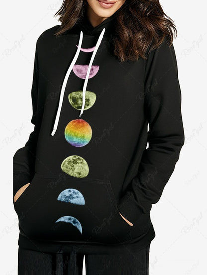 Plus Size Ombre Moon Planet Printed Pocket Drawstring Pullover Long Sleeves Hoodie