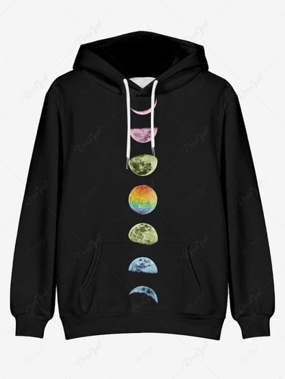 Plus Size Ombre Moon Planet Printed Pocket Drawstring Pullover Long Sleeves Hoodie