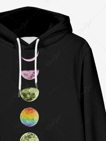 Plus Size Ombre Moon Planet Printed Pocket Drawstring Pullover Long Sleeves Hoodie