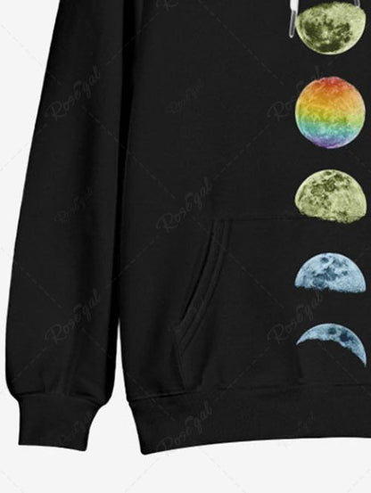 Plus Size Ombre Moon Planet Printed Pocket Drawstring Pullover Long Sleeves Hoodie