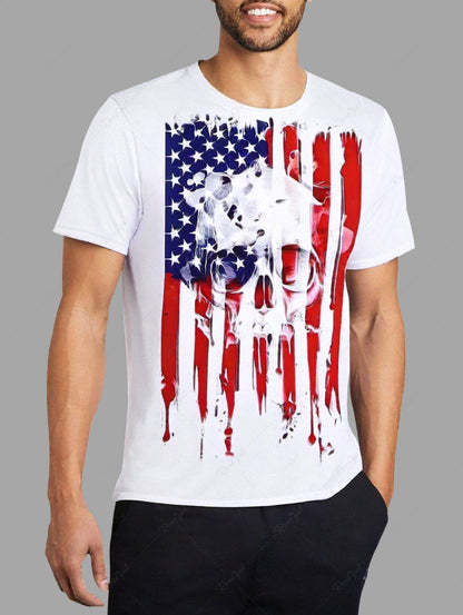 Plus Size Patriotic American Flag Skull Printed T-shirt For Men