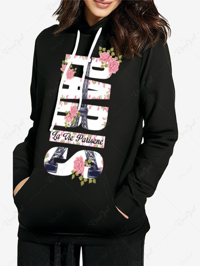 Plus Size Letters Rose Flower Eiffel Tower Printed Valentines Pocket Drawstring Pullover Long Sleeves Hoodie