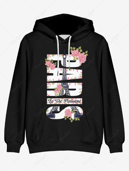 Plus Size Letters Rose Flower Eiffel Tower Printed Valentines Pocket Drawstring Pullover Long Sleeves Hoodie