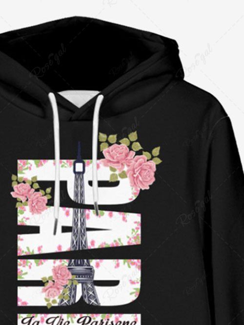 Plus Size Letters Rose Flower Eiffel Tower Printed Valentines Pocket Drawstring Pullover Long Sleeves Hoodie