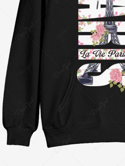 Plus Size Letters Rose Flower Eiffel Tower Printed Valentines Pocket Drawstring Pullover Long Sleeves Hoodie