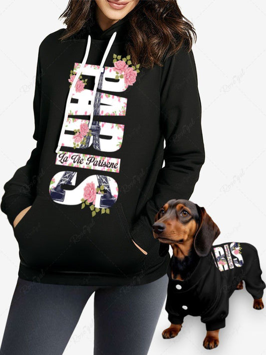 Letters Rose Flower Eiffel Tower Print Valentines Hoodie and Pajama Dog And Owner Matching Outfits