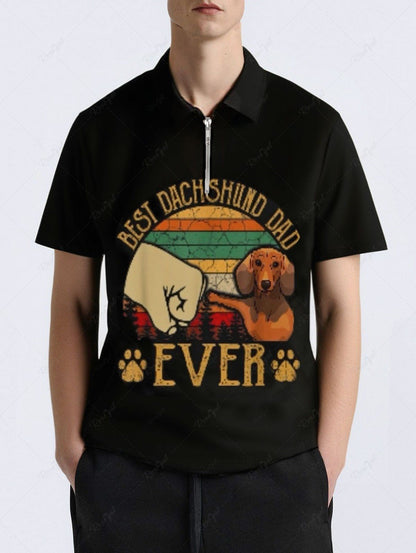 Plus Size Dachshund Dog Fist Letters Printed Zipper Polo Shirt For Men