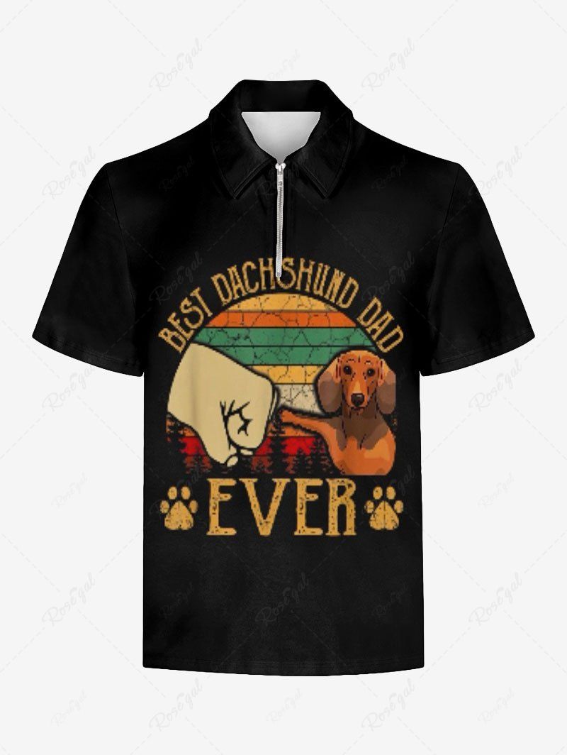 Plus Size Dachshund Dog Fist Letters Printed Zipper Polo Shirt For Men