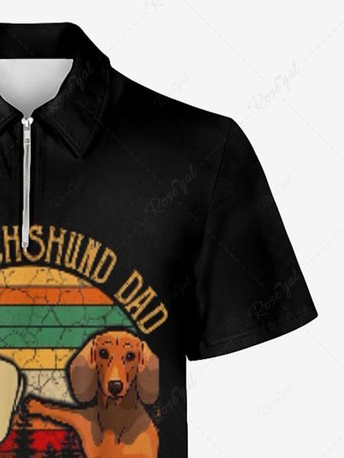 Plus Size Dachshund Dog Fist Letters Printed Zipper Polo Shirt For Men