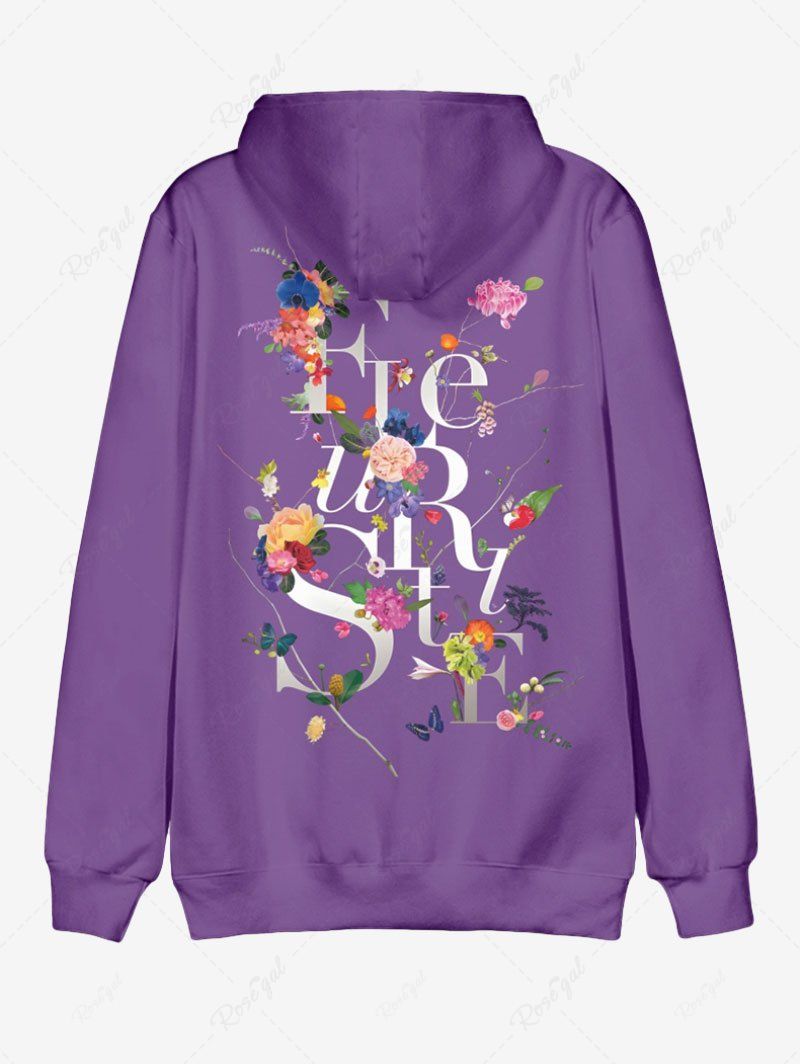 Plus Size Floral Leaves Butterfly Letters Printed Pocket Drawstring Pullover Long Sleeves Hoodie