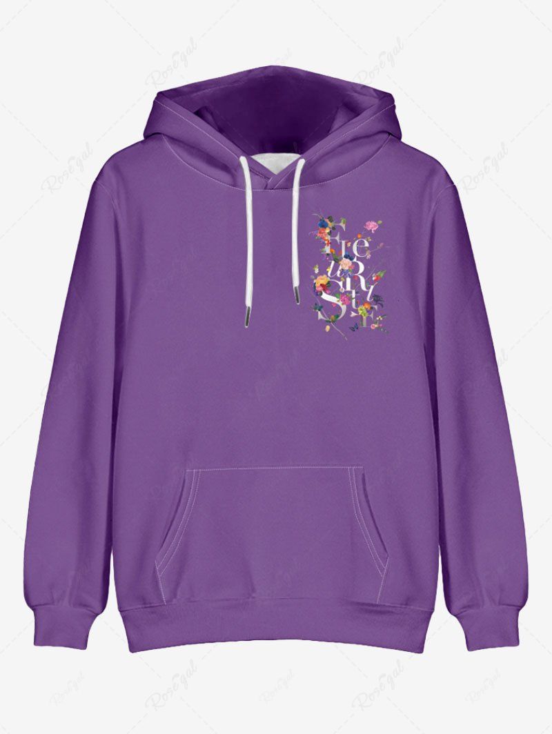 Plus Size Floral Leaves Butterfly Letters Printed Pocket Drawstring Pullover Long Sleeves Hoodie