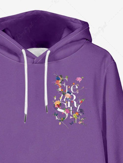 Plus Size Floral Leaves Butterfly Letters Printed Pocket Drawstring Pullover Long Sleeves Hoodie