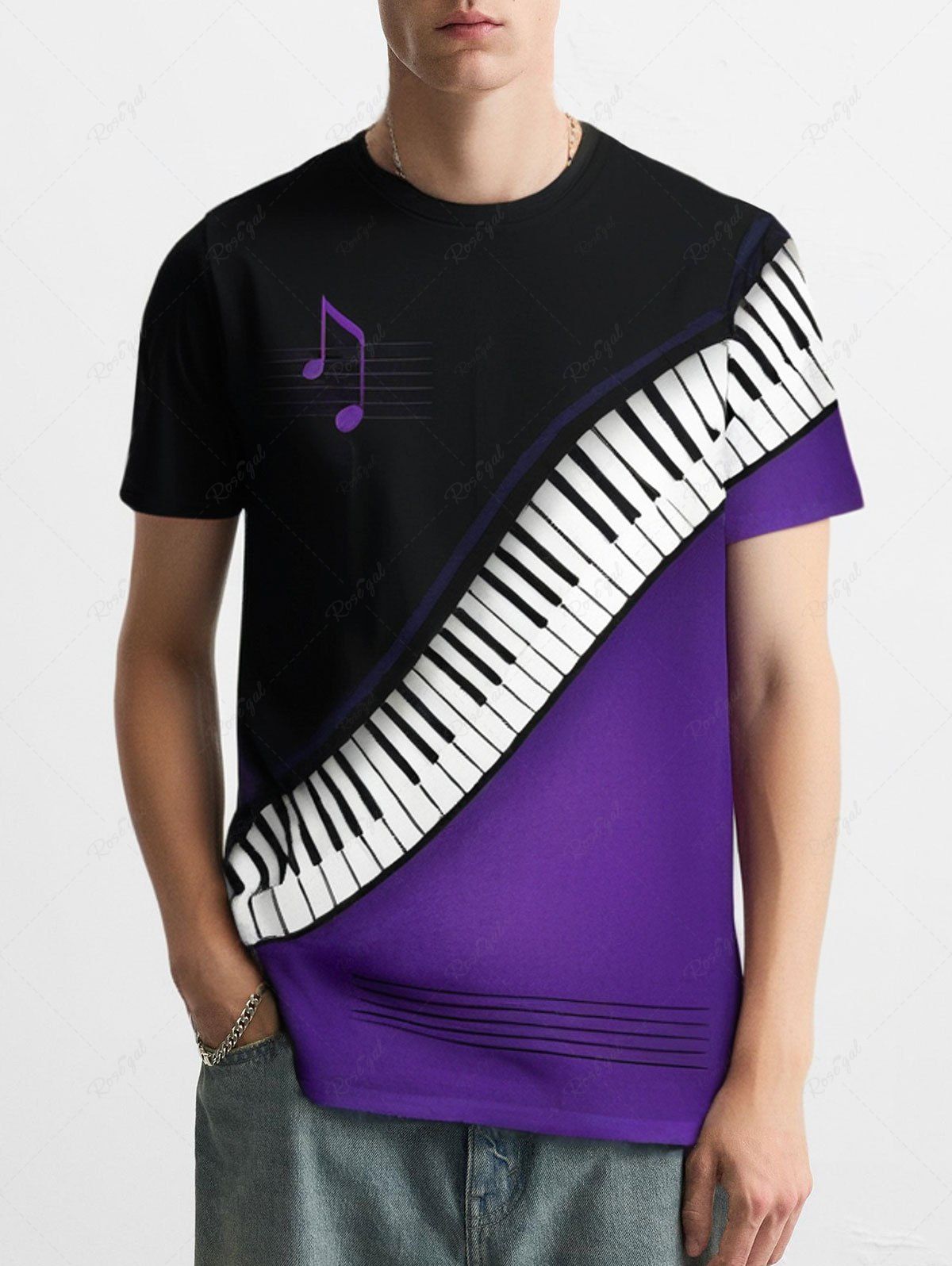 Plus Size Music Notes Piano Keys Colorblock Printed T-shirt For Men