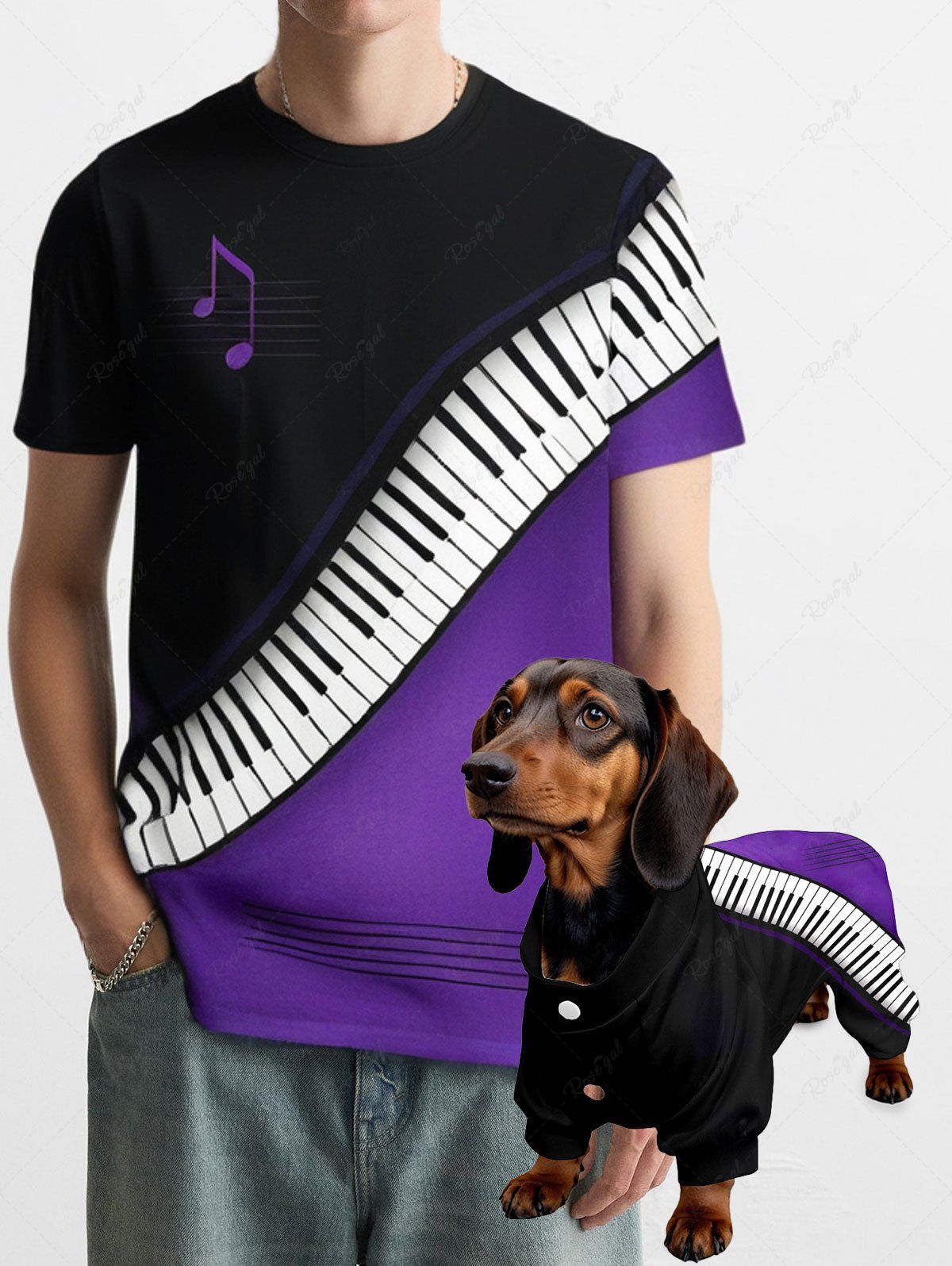 Music Notes Piano Keys Colorblock Printed Pajama and T-shirt Dog and Owner Matching Outfits