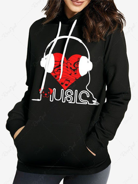 Plus Size Heart Music Symbol Earphone Letters Dog Printed Pocket Drawstring Pullover Long Sleeves Hoodie